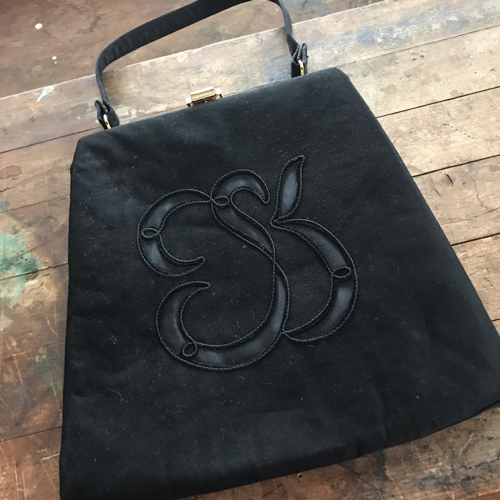 Vintage black handbag faux suede with embroidery